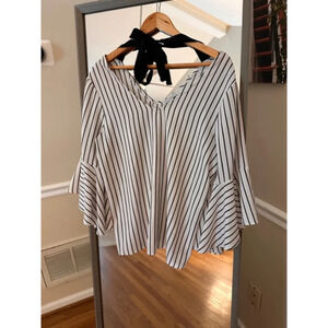 Women's Green Envelope Blouse, Size‎ L, White & Black Striped